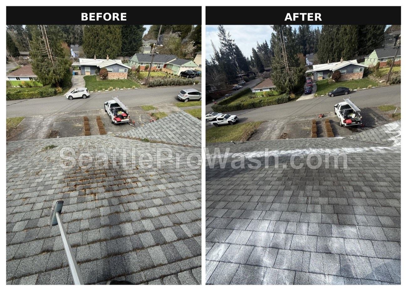 Steep driveway-side roof cleaning before and after