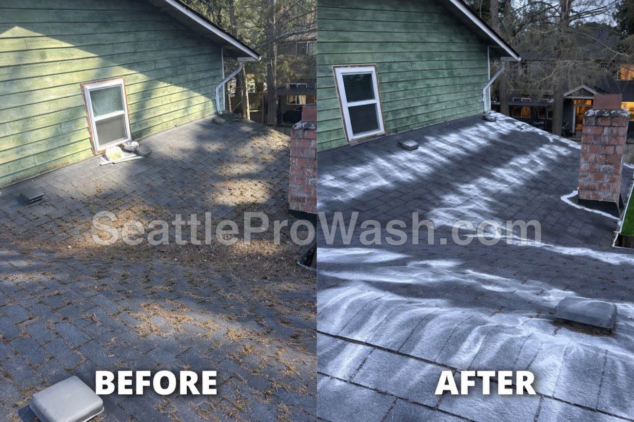 Paver-style asphalt roof before and after cleaning and moss treatment