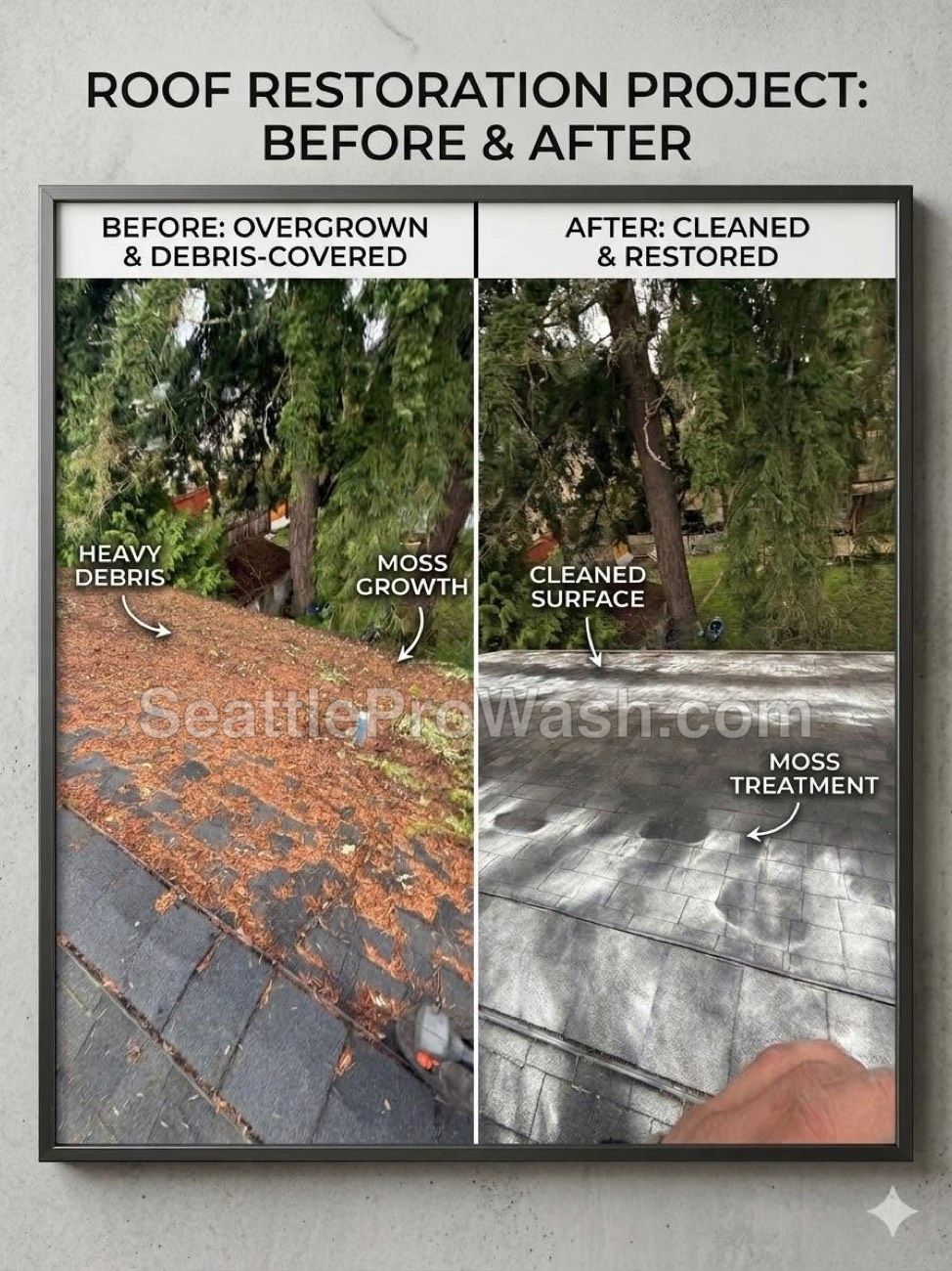 Overgrown debris-covered roof restored - four stage before and after