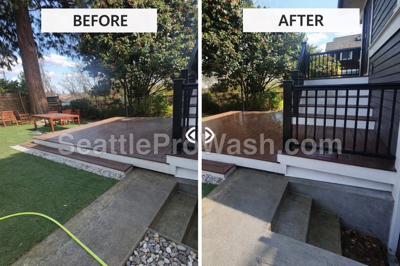 Wood deck cleaning before and after - gray weathered boards restored to rich color