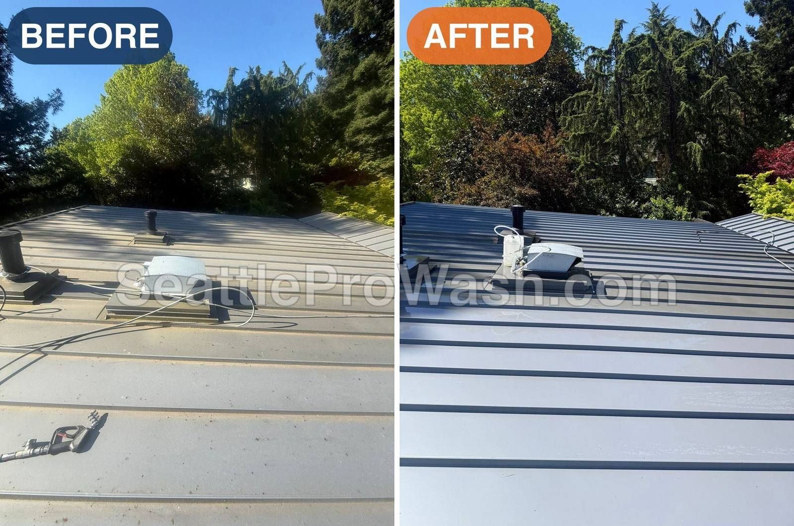 Faded gray standing seam metal roof before and after professional cleaning