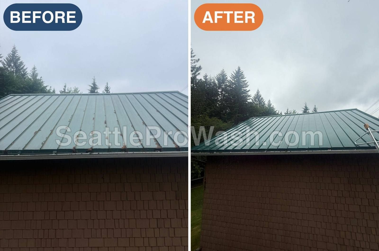 Green standing seam metal roof before and after finish-safe cleaning