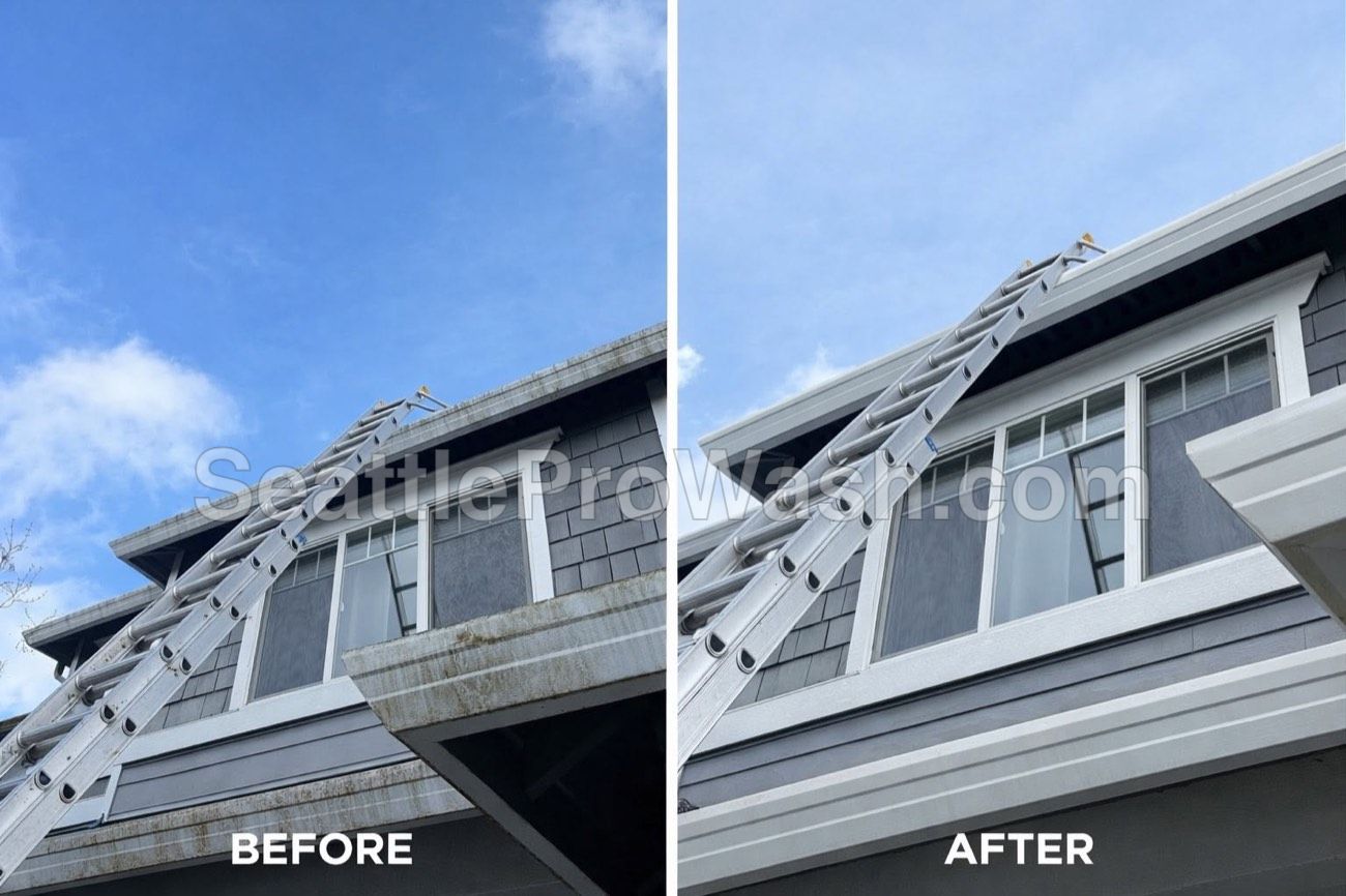 Gutter brightening before and after, black streak removal from exterior gutters in Seattle