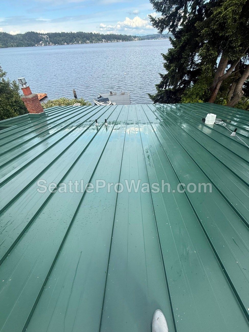 Same lakefront metal roof gleaming green after professional cleaning