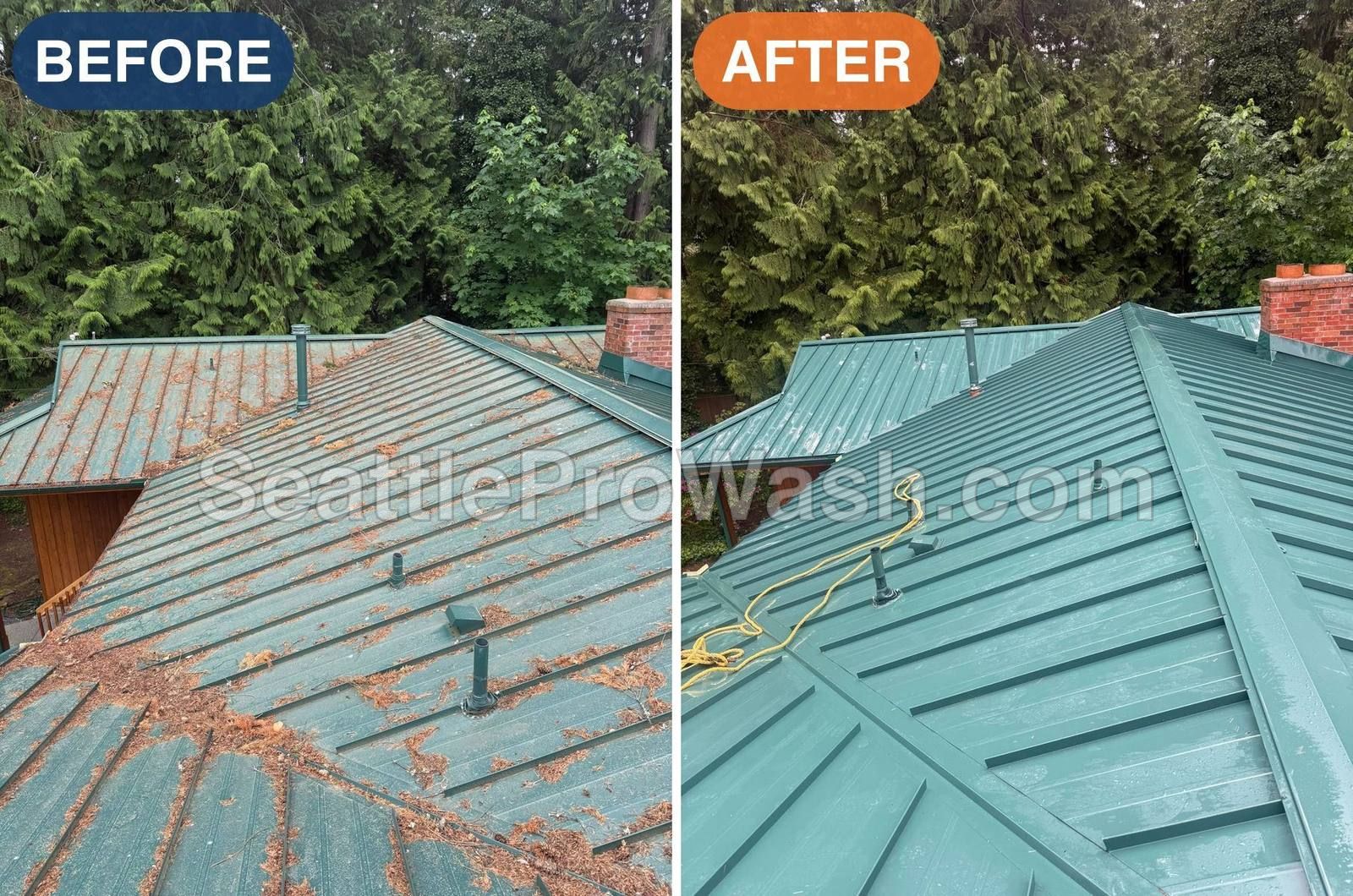 Green metal roof covered in fir needles before and after cleaning