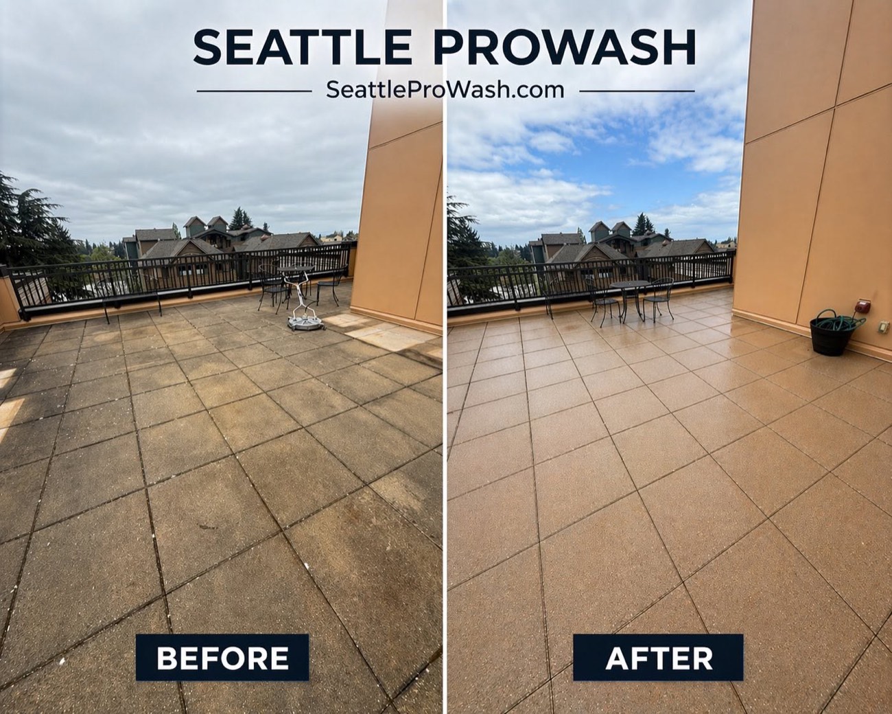 Tile patio pressure washing before and after by Seattle ProWash