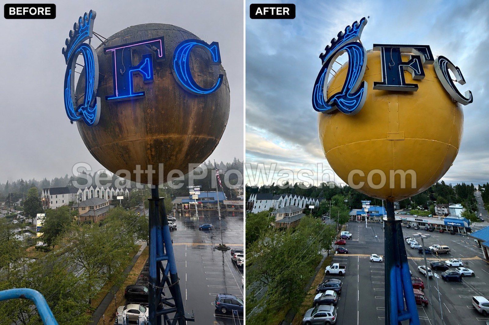 Before and after cleaning the landmark QFC ball sign on Holman Road in Seattle — years of grime restored to gold