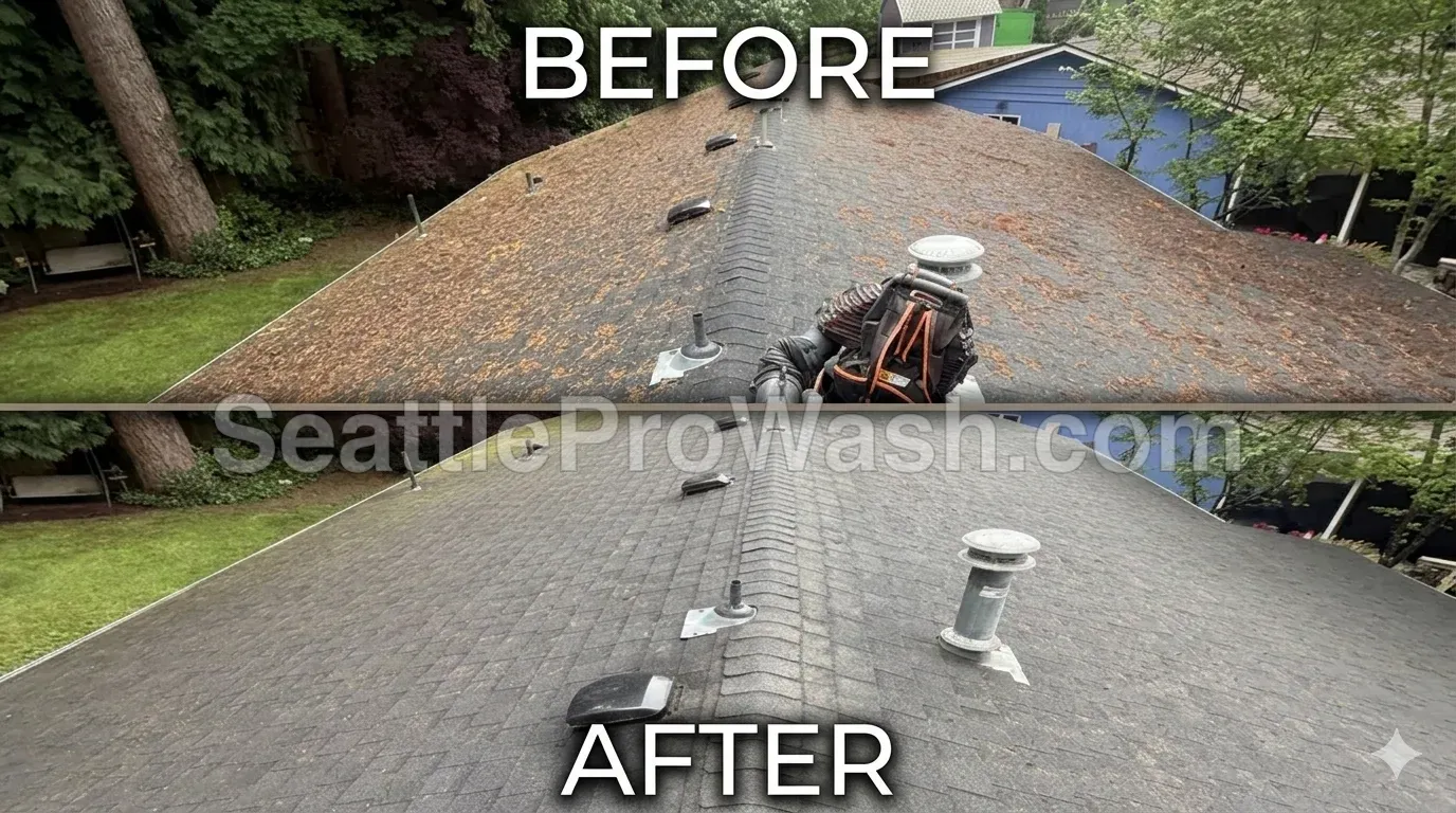 Roof moss removal before and after in Kenmore