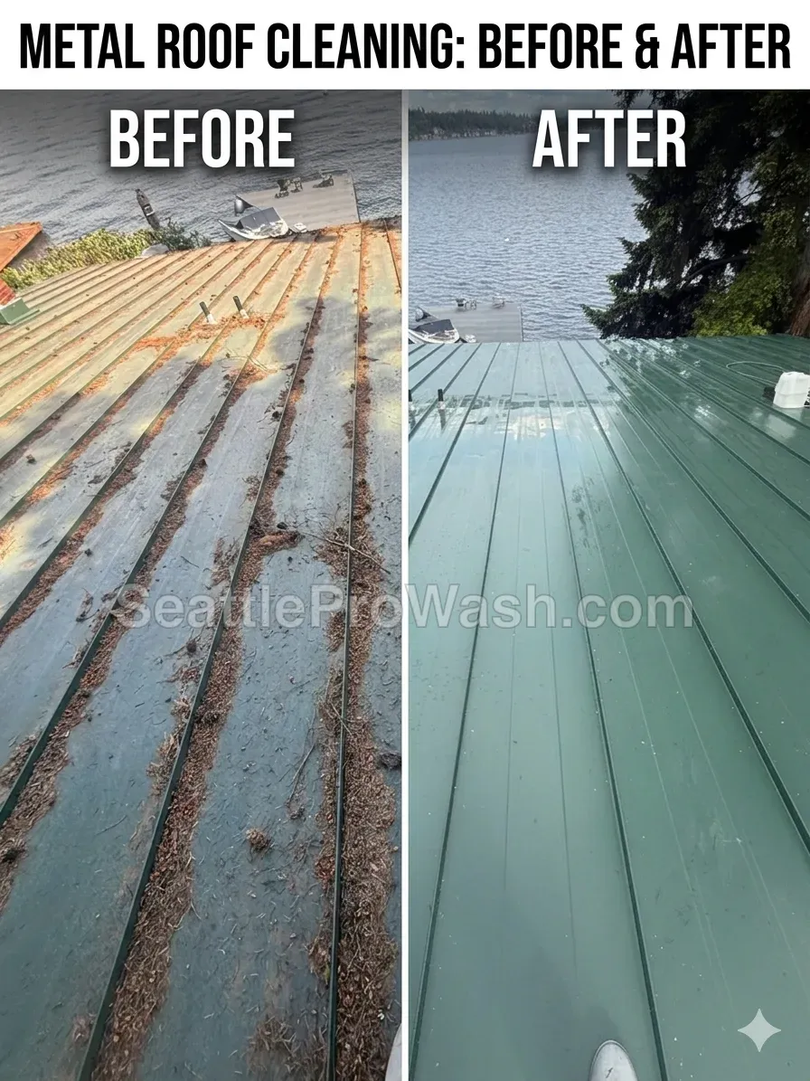 Green metal roof cleaning before and after near Lake Washington