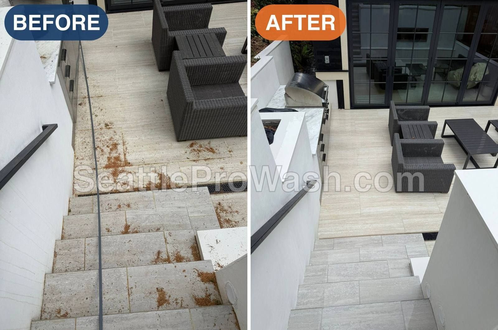 Rooftop deck tiles stained with rust, before and after pressure washing