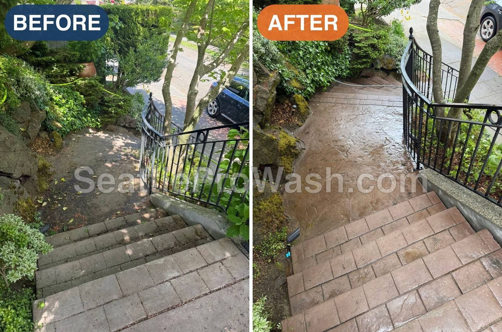 Stamped concrete staircase and path before and after pressure washing