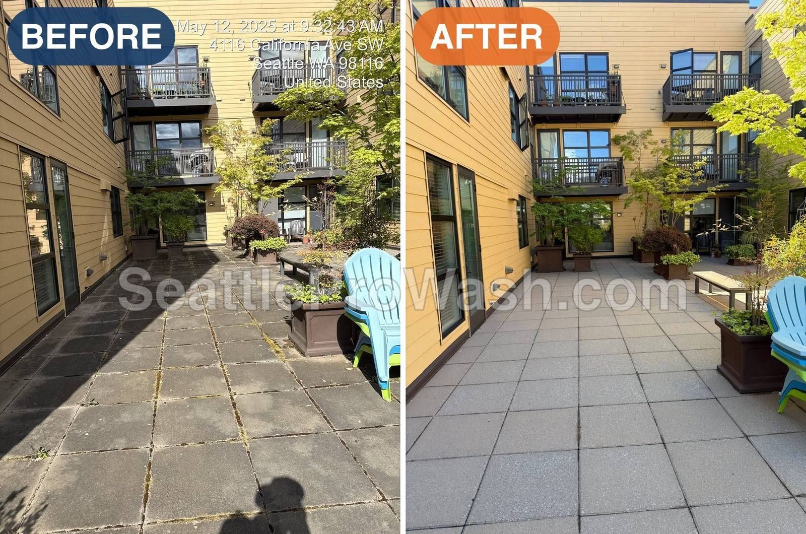 West Seattle courtyard patio pavers before and after pressure washing