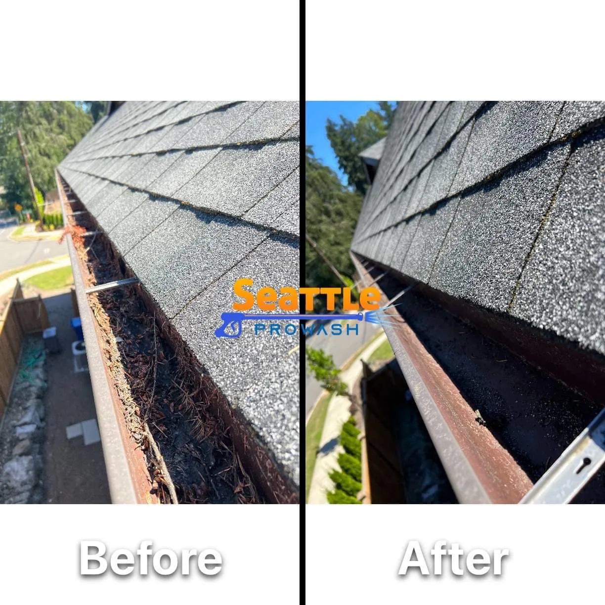 Gutter cleaning before and after showing debris removal