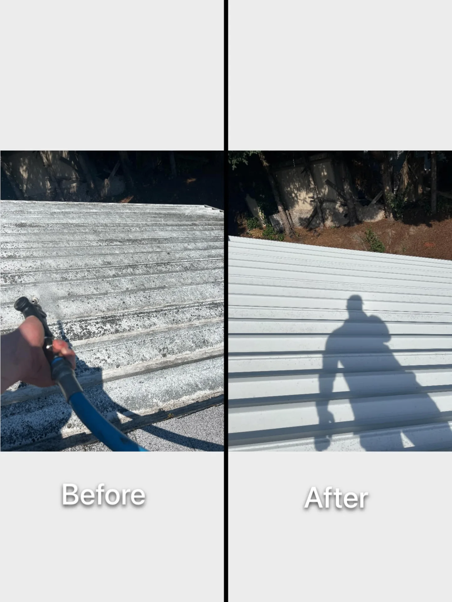 Metal roof cleaning before and after with visible cleaning process