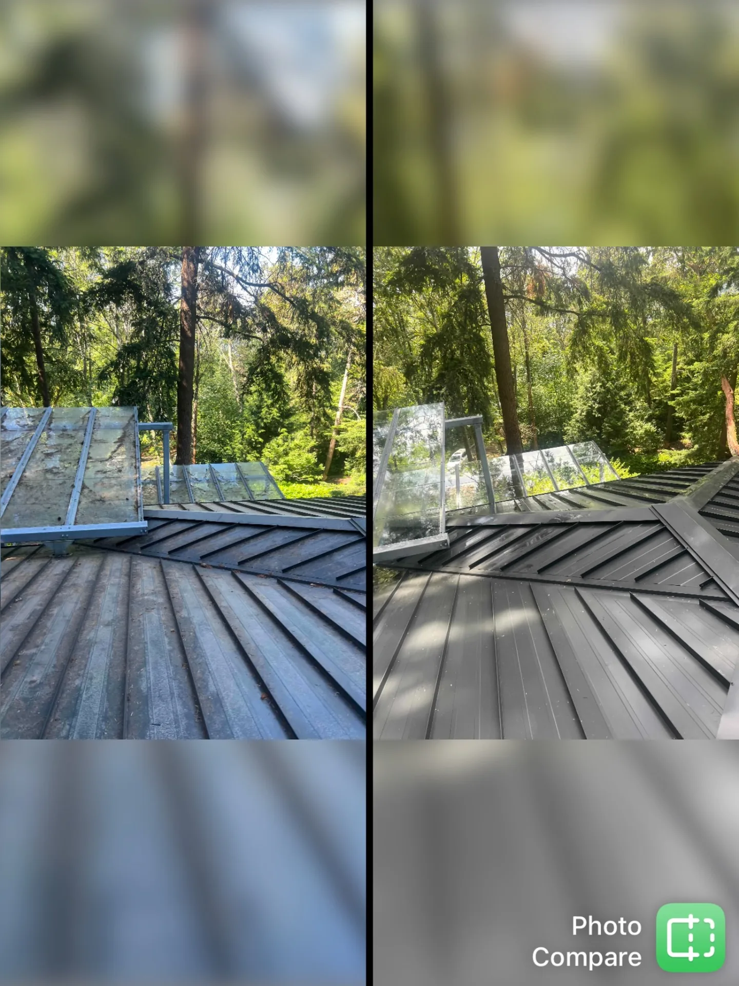 Metal roof and skylight cleaning before and after