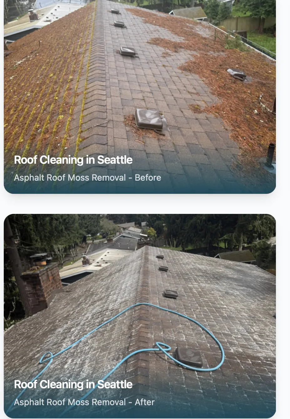 Asphalt roof moss removal before and after in Seattle