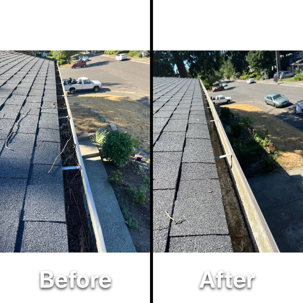 Gutter cleaning before and after showing complete system restoration