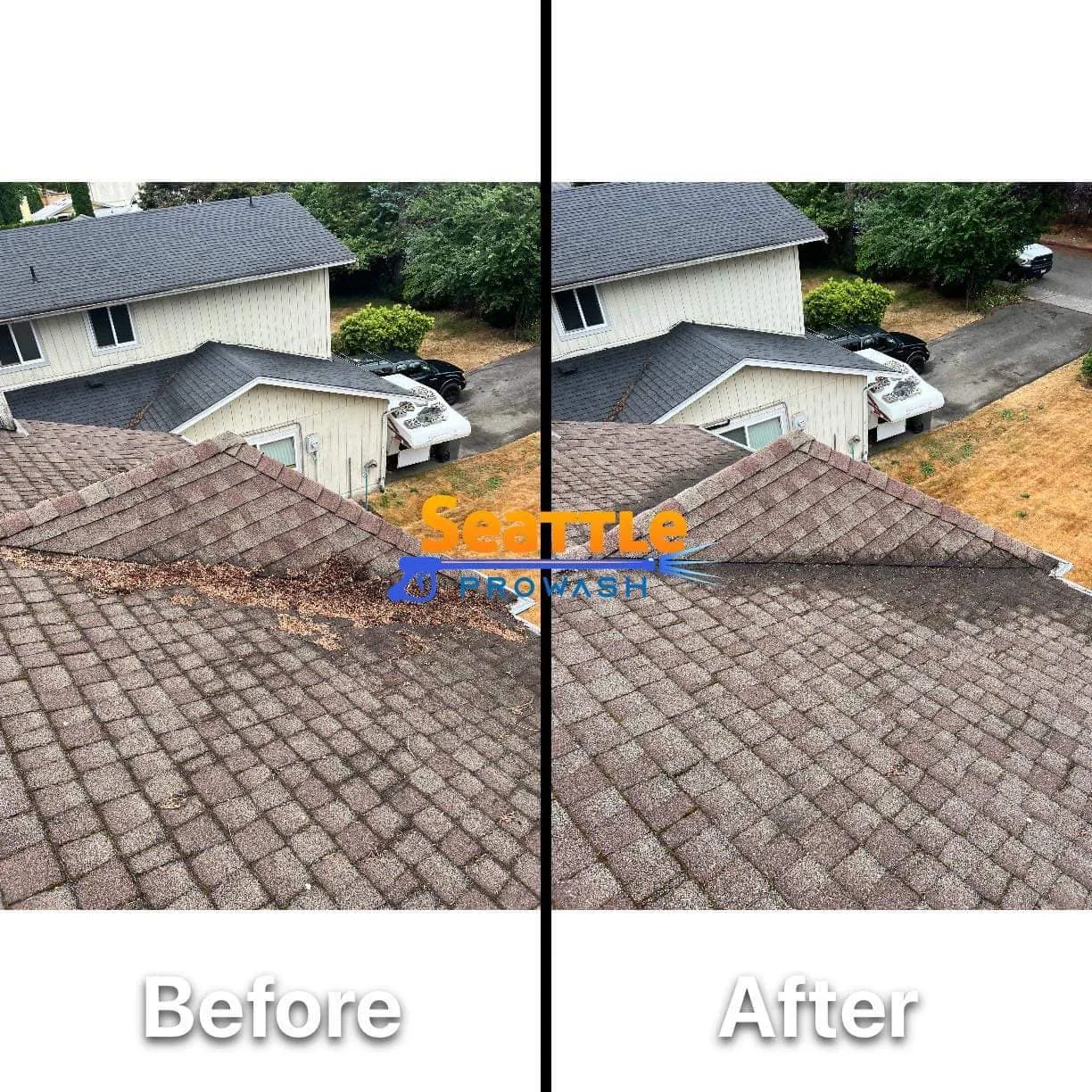 Asphalt roof moss treatment before and after